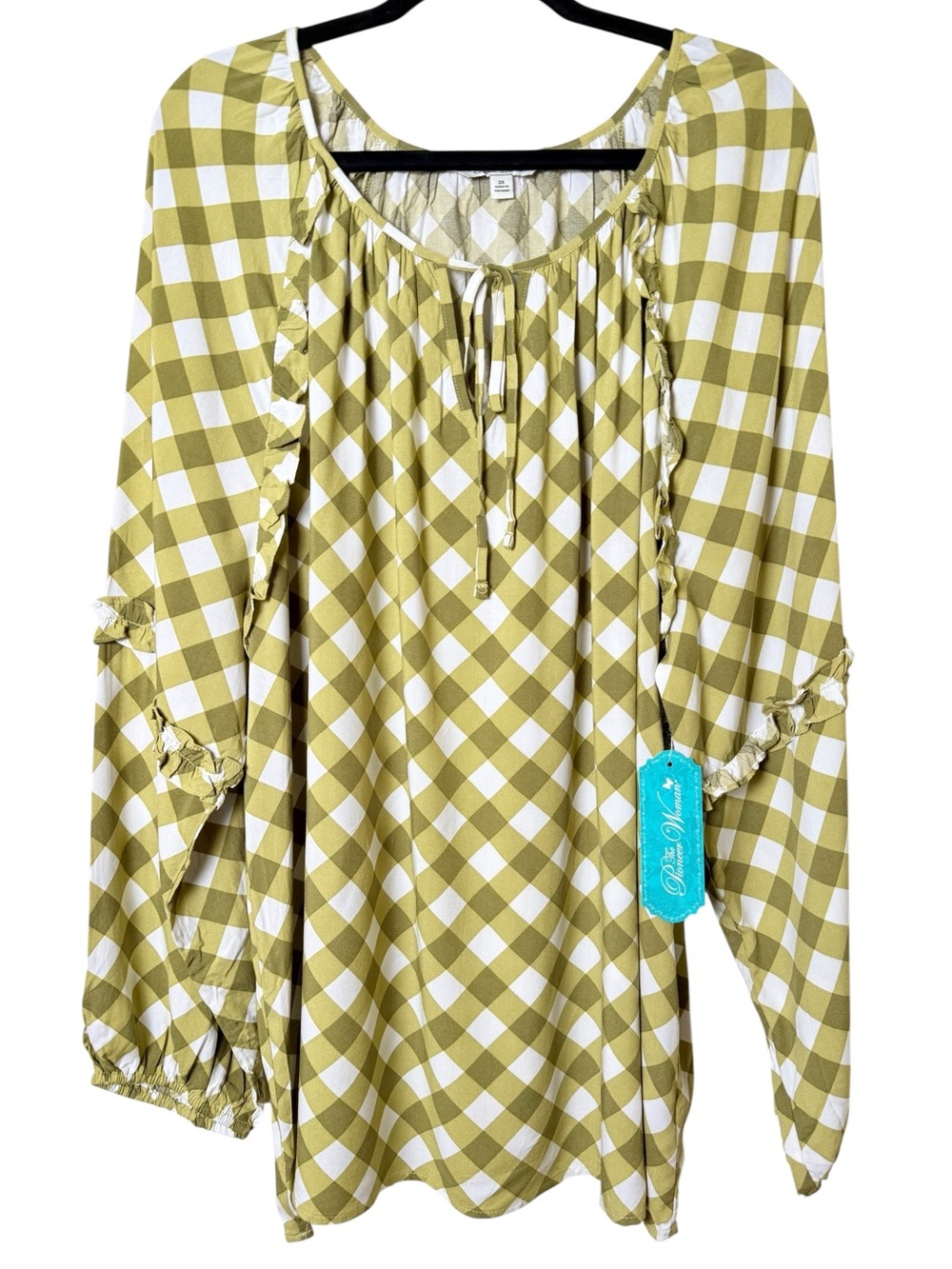 NWT The Pioneer Woman 2X Olive and White Gingham Peasant Tunic